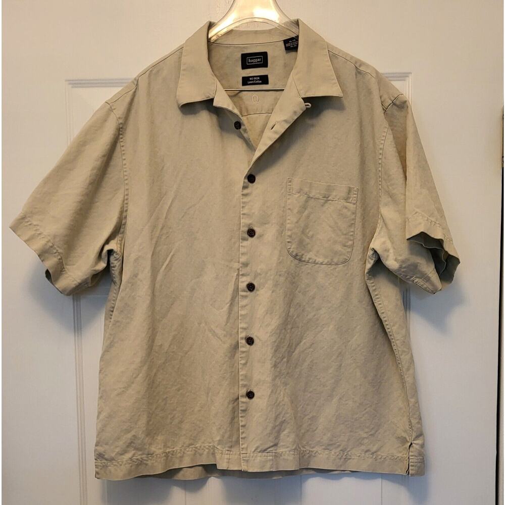 Haggar Men’s Shirt Short Sleeve Size XL No Iron Linen Blend Beige
